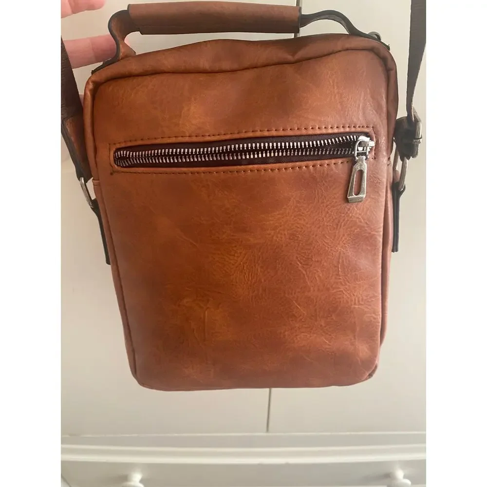 WEIXIER Men's Crossbody Bag Faux Leather Small Shoulder Bag Cognac Brown NWOT